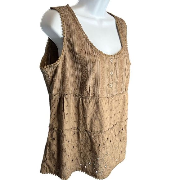Prana Blouse Women's Medium Brown Trimmed with Lace Open Eyelet Bottom Blouse - Picture 2 of 11